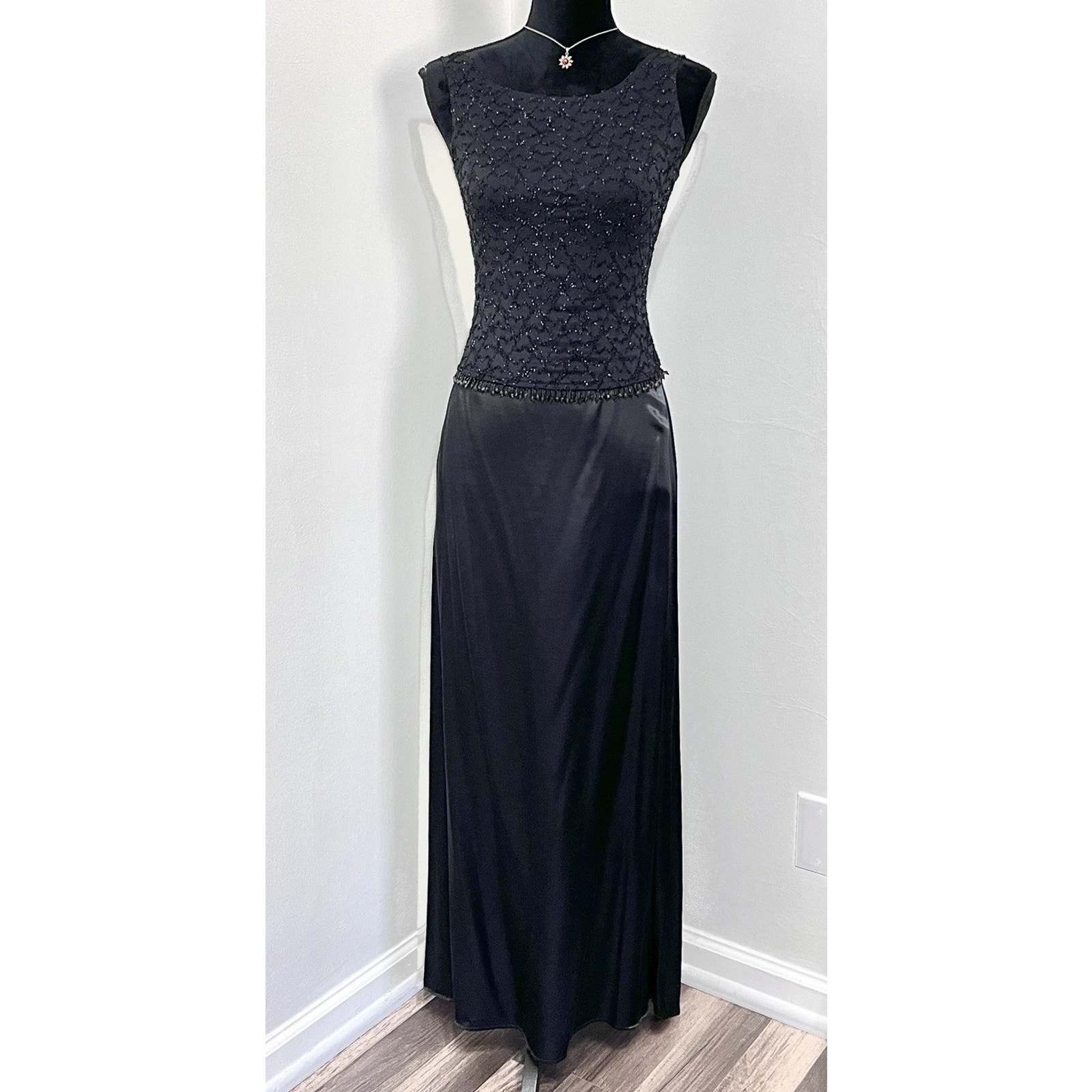 Vtg Prom Dress Maxi Y2k 90s Beaded 2 Pc Black Gothic Grunge Goth Romantic Satin